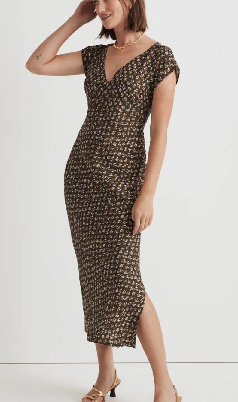 Madewell Floral Wide V-Neck Midi Dress 8 Expedition Green Cap Sleeve